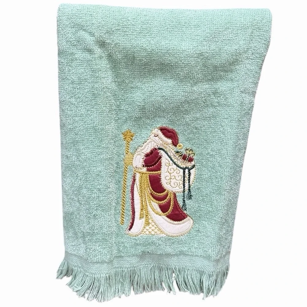 Vintage Christmas Hand Towel Sage Green Victorian Santa Embroidered Fringe 11x16